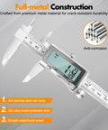 6 Inch Digital Caliper With Rechargeable Battery And Type C Charging Backlit LCD Screen Auto Off Inch mm Fraction Quick Conversion Stainless Steel Electronic Caliper For DIY Projects And Pro Grade Precision, showing metal construction and LCD screen.