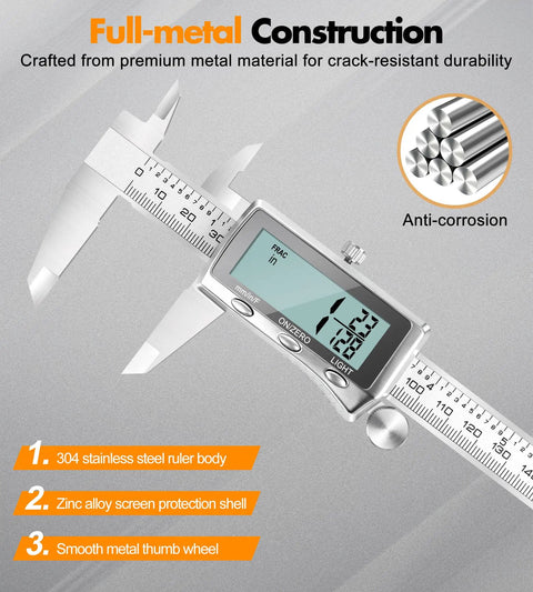 6 Inch Digital Caliper With Rechargeable Battery And Type C Charging Backlit LCD Screen Auto Off Inch mm Fraction Quick Conversion Stainless Steel Electronic Caliper For DIY Projects And Pro Grade Precision, showing metal construction and LCD screen.