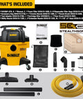 Ultra Quiet 6 Gallon Wet Dry Shop Vacuum With Stealthsonic Noise Reduction shown with accessories and dust bags.