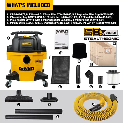 Ultra Quiet 6 Gallon Wet Dry Shop Vacuum With Stealthsonic Noise Reduction shown with accessories and dust bags.