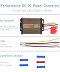 Performance DC-DC power converter for golf carts, RVs, electric vehicles with harness and connectors, 12V 20A 240W output.