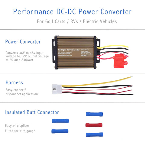 Performance DC-DC power converter for golf carts, RVs, electric vehicles with harness and connectors, 12V 20A 240W output.