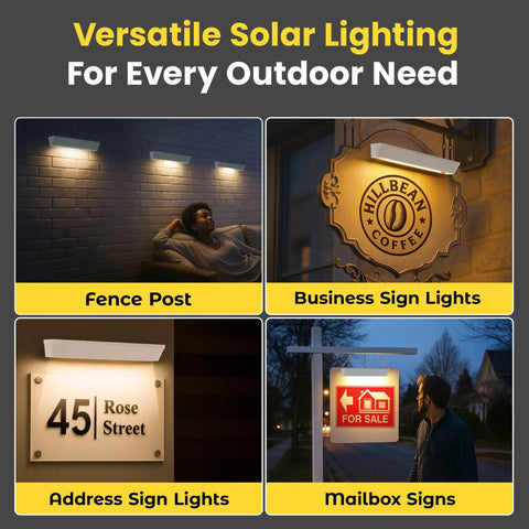 Solar Address Sign Light Two Pack With IP65 Waterproof for real estate and business signs, showcasing versatile outdoor use.