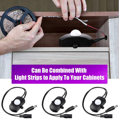 Three Pack DC 5V 24V 5A PIR Motion Activated Sensor Light Switch With DC Coupler Cable For Party LED Strip Lights Auto On Off Occupancy Sensor Easy Install No Wiring Hassle Ideal For Under Cabinet Closet Hallway Bar Lighting, black motion sensor under cabinet with cable