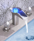 Waterfall Bathroom Sink Faucet with LED Crystal Ball, Deck Mount 3 Hole, Double Handle Brushed Nickel, Free Floating Orb Design, Modern Spa Vibe