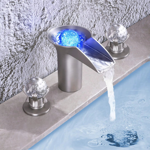 Waterfall Bathroom Sink Faucet with LED Crystal Ball, Deck Mount 3 Hole, Double Handle Brushed Nickel, Free Floating Orb Design, Modern Spa Vibe