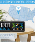 Auto Set Digital Wall Clock with HD Color Display showing time, date, temperature, and weather forecast with atomic clock function.