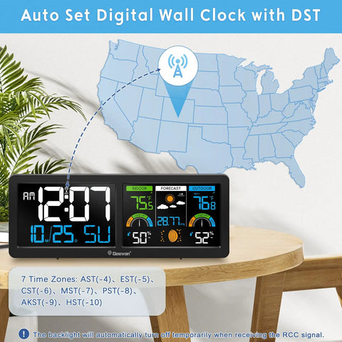Auto Set Digital Wall Clock with HD Color Display showing time, date, temperature, and weather forecast with atomic clock function.