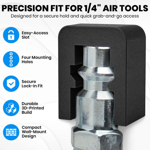 Heavy Duty Quarter Inch Air Tool Holder Wall Mount Eight Pack Pneumatic Organizers for secure hold of 1/4" air tools.