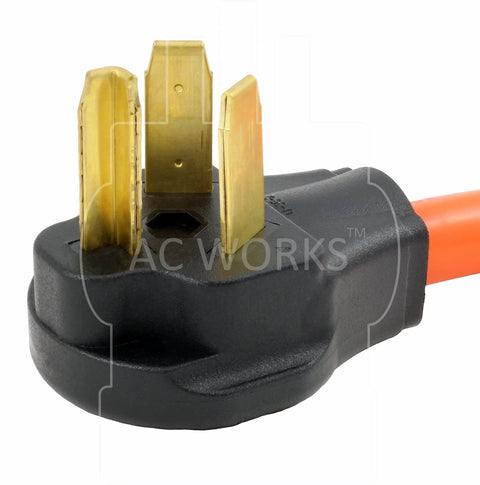 Close-up of 1.5 Ft Welder Adapter Cord 10/3 STW 3-Prong 10-30P Dryer Plug To 6-50R Welder Outlet WD1030650-018 plug end