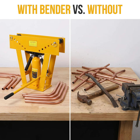 Beefy 16 Ton Manual Hydraulic Pipe Bender Kit with 8 dies vs. traditional manual bending tools on a workbench