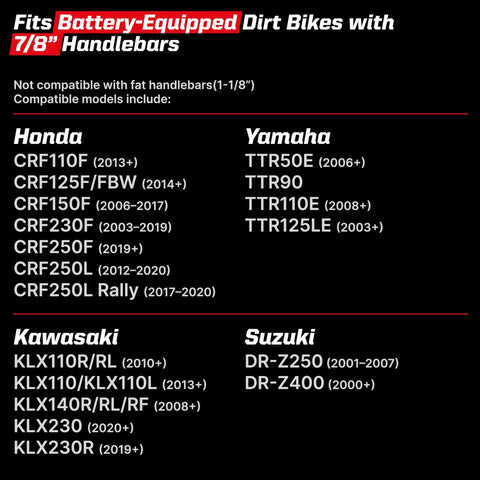 Text listing compatible dirt bike models for Dirt Bike Light Bar Kit Plug And Play Seven Eighths Inch Handlebar Battery Powered Headlight Universal Fit