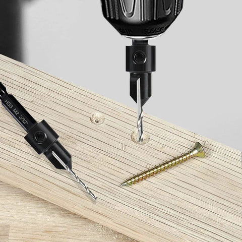 Close-up of 7 Pack Countersink Drill Bits Set 3 In 1 Woodworking Tool With Countersink Counterbore And Drill Bit In One Pass in use on wood.