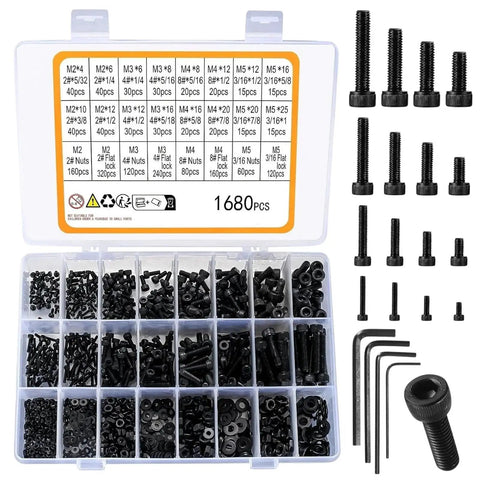 1680 Piece Machine Screw and Nut Kit for M2 M3 M4 M5 Bolts Assorted Nuts and Fasteners Set in open box with sizes visible
