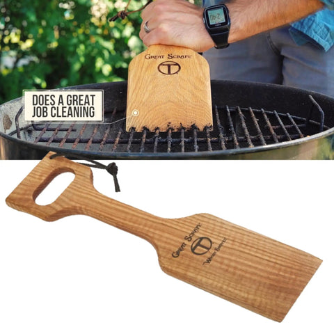 Person using the Ultimate Bbq Cleaning Tool Shovel With Hardwood Grill Scraper And Long Reach Comfort Grip Handle on a grill.