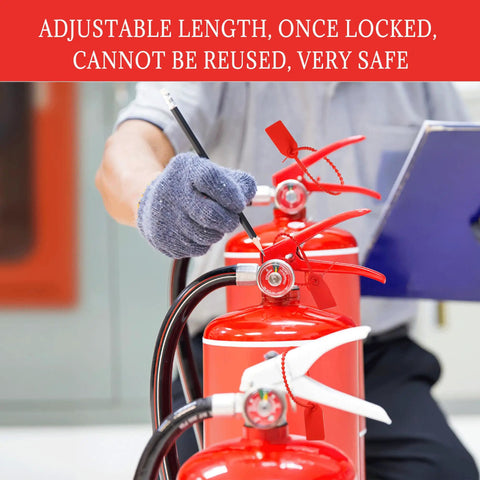 Inspecting fire extinguishers with Bulk 500 Pcs Red Plastic Tamper Seals Zip Ties With Security Tags, self-locking for security.