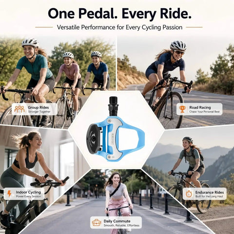Road Bike Pedals For Look KEO System Only Lightweight Clipless Pedals displayed with cycling scenes and features