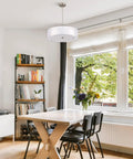 Three Light Drum Pendant Chandelier With Double Fabric Shades In Brushed Nickel 20 Inch Hanging Light Fixture in dining room