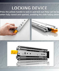 Close-up of locking device on heavy duty drawer slides with yellow handle and focus keyword: Heavy Duty Drawer Slides With Lock For Cabinets And Tool Drawers, Full Extension Ball Bearing Side Mount Rails, 12 To 60 Inch Length Options, 410 Lb Load Capacity, Non Removable Locking Rails, Ideal For Cabinets, RVs, Trucks And Industrial Drawers