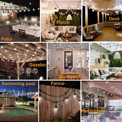 Various outdoor settings with 120 Ft Outdoor LED String Lights Waterproof With 40 Shatterproof Warm Edison Bulbs for cozy ambiance