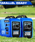 Two blue 3450 Watt Portable Inverter Generators For Camping and RV use placed on grass, shown as parallel ready with connections.