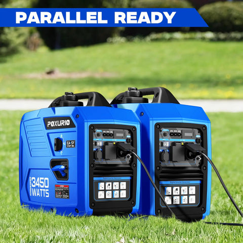 Two blue 3450 Watt Portable Inverter Generators For Camping and RV use placed on grass, shown as parallel ready with connections.