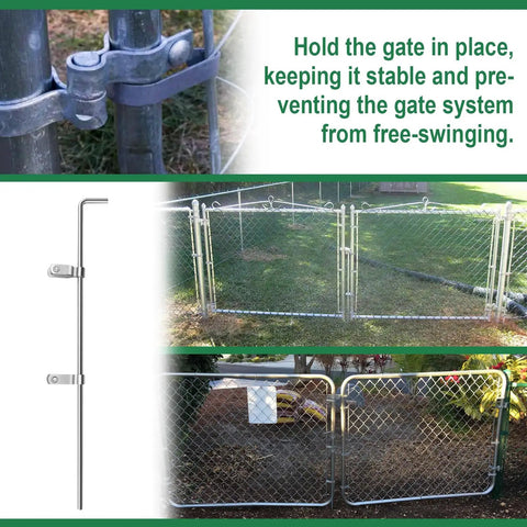 Chain Link Gate Drop Rod Kit One And Three Eighths Inch By Thirty Two Inch Cane Bolt For Single Or Double Gate Heavy Duty Galvanized Steel Rust Resistant Ground Latch Fence Drop Pin With Extra Two Gate Frame Hinges showing product and installation