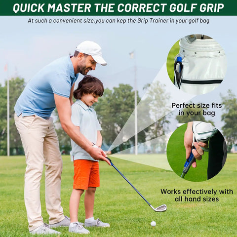 Man teaching child with 2 Pack Golf Grip Trainer Set For Right Hand, Your Game Changer Golf Training Aid To Correct Hand Position.