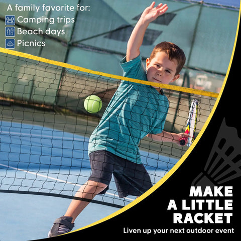 Child playing tennis with a Portable 14 Foot Multi Sport Net For Badminton, Pickleball, Tennis And Soccer Tennis With Foldable And Extendable Poles, Adjustable Height Up To 60 Inches, Easy Setup, Backyard Ready, Black.