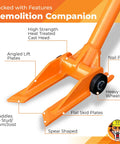 Close-up of 60 Inch Demolition Pry Bar Round Handle Wrecking Bar for Ceiling and Wall Demo showing nail puller and heavy-duty wheels.