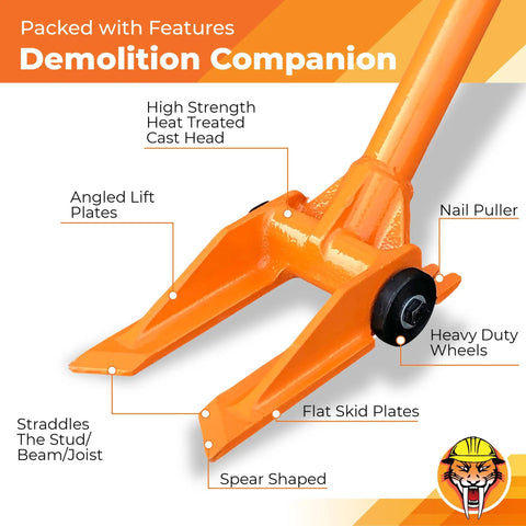 Close-up of 60 Inch Demolition Pry Bar Round Handle Wrecking Bar for Ceiling and Wall Demo showing nail puller and heavy-duty wheels.
