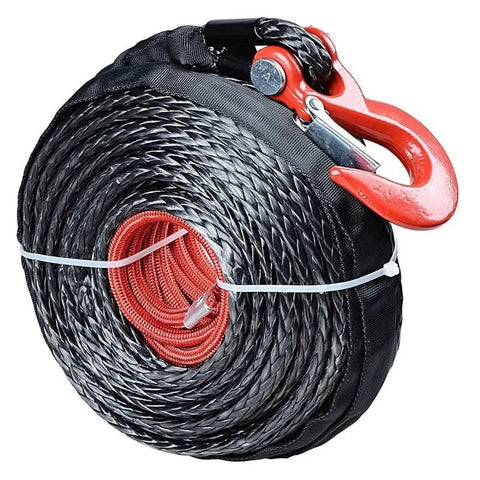 Heavy Duty Electric Winch Synthetic Rope Cable 38 Inch 23 Meters, black synthetic rope with red hook for recovery use.