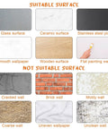 Visual guide showing suitable and not suitable surfaces for five sheets peel and stick vinyl wall decals with seven inspirational quotes.