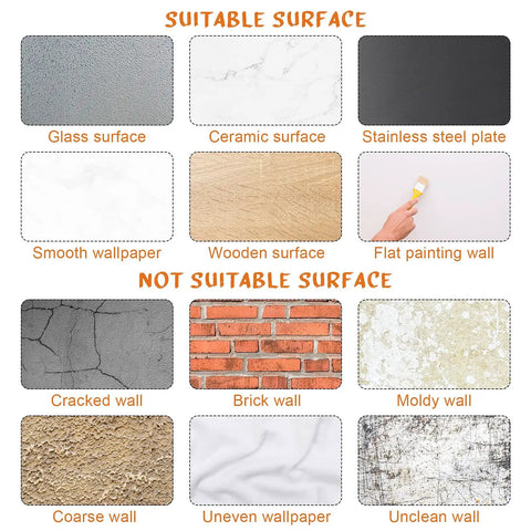 Visual guide showing suitable and not suitable surfaces for five sheets peel and stick vinyl wall decals with seven inspirational quotes.