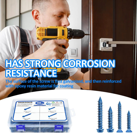 Concrete Screws Kit with Drill Bit and Driver Bit for DIY Projects, various screws displayed with man using drill indoors.
