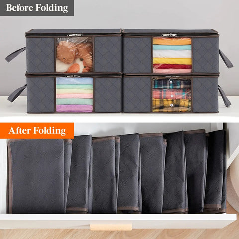 Before and after folding of 8 Pack Foldable Closet Storage Bins With Clear Windows And Reinforced Handles, organized and stored