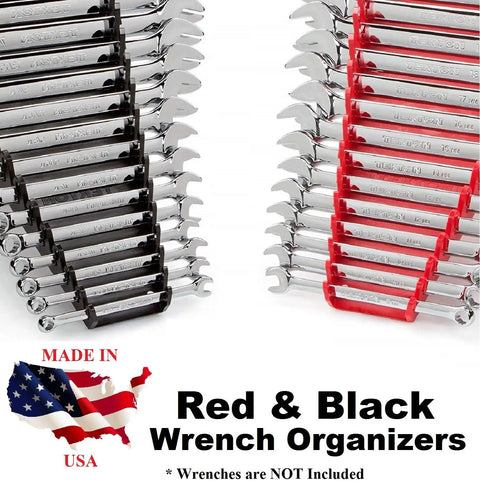 Red And Black 16 Tool Standard Wrench Organizer 2 Pack with chrome wrenches displayed; Made in USA, wrenches not included.