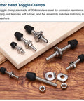 4 Pack Rubber Head Toggle Clamps Kit With M5 X 36mm Screws And Washers 304 Stainless Steel Durable Corrosion Resistant Clamps For Boxes Cabinets And Doors Great DIY Gear With 8 Screws And 8 Washers, shown with hardware on wood
