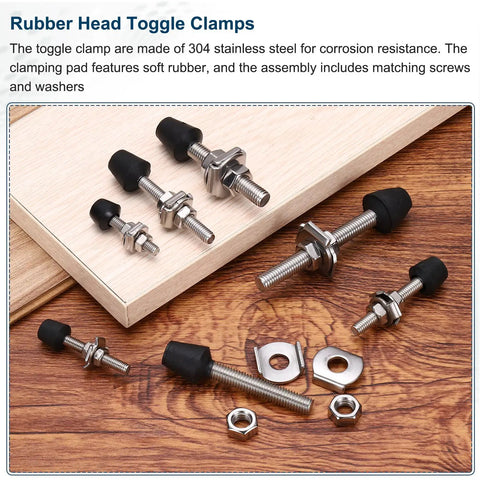 4 Pack Rubber Head Toggle Clamps Kit With M5 X 36mm Screws And Washers 304 Stainless Steel Durable Corrosion Resistant Clamps For Boxes Cabinets And Doors Great DIY Gear With 8 Screws And 8 Washers, shown with hardware on wood