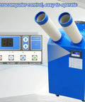 Heavy Duty 18700 BTU Industrial Spot Cooler Portable Air Conditioner With Dual Exhaust and Serious Airflow Running Like A Beast 220 Volt control panel with buttons and two exhaust hoses.