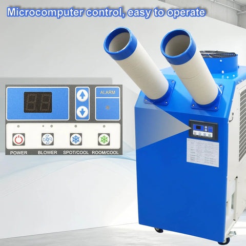 Heavy Duty 18700 BTU Industrial Spot Cooler Portable Air Conditioner With Dual Exhaust and Serious Airflow Running Like A Beast 220 Volt control panel with buttons and two exhaust hoses.