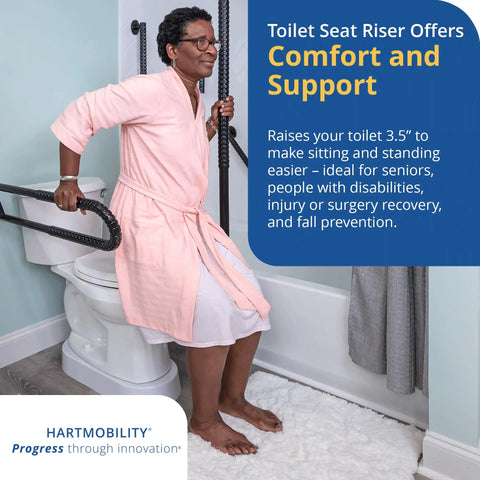 Woman using 3.5 Inch High Toilet Riser Base For Handicap And Elderly, Extra Tall Toilet Seat Elevator, 500 Pound Capacity, No-Fuss Easy Install Under Bowl Riser, Fits Standard Toilets, Discreet Support For Seniors And Disabled.