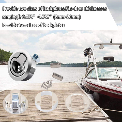 Boat Slam Latch Kit With Two Inch Lift Handle Deck Hatch Marine Grade Stainless Steel Zinc Alloy Flush Latches Pack Of Two With Two Backplates Fits Standard Two Inch Hole Cutout Door Thickness From Two To Twenty Millimeters Searoam shown near dock with boat