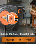 Beefy 45 Foot Retractable Extension Cord Reel With 12 Gauge 3 Conductor SJTOW Power Cord 15 Amp Breaker in workshop