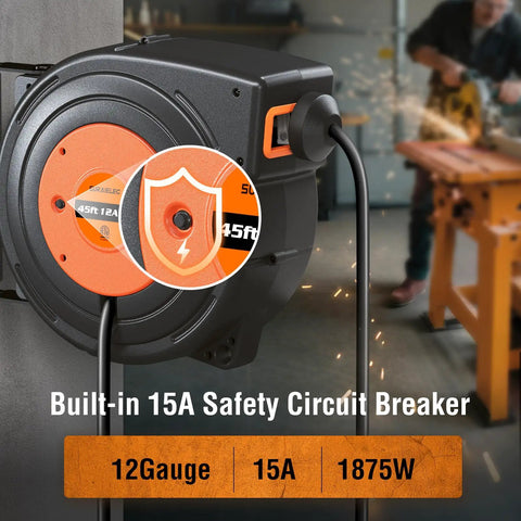 Beefy 45 Foot Retractable Extension Cord Reel With 12 Gauge 3 Conductor SJTOW Power Cord 15 Amp Breaker in workshop