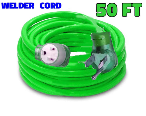 Heavy Duty Welder Extension Cord 50 Ft 8 Gauge 6-50 Plug 250V NEMA 6-50 With Lighted End ETL Listed UL Approved Coiled Green Cord