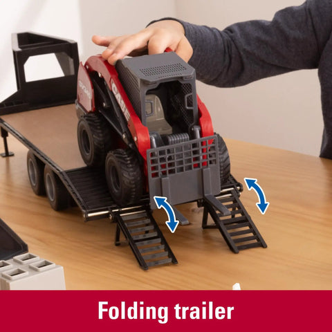 Child placing skid steer on RAM 2025 Dealership Truck With Case IH Skid Steer And Gooseneck Trailer 1 16 Scale for play