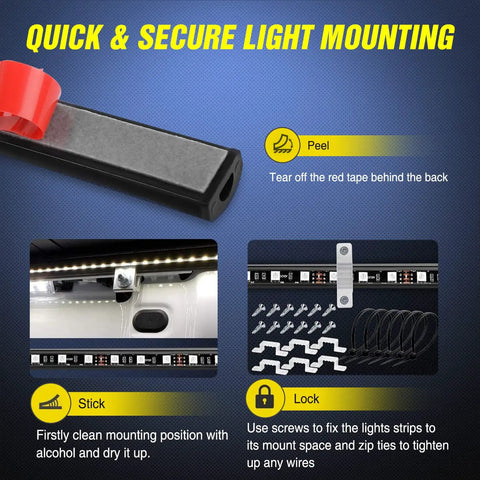 Quick and secure mounting guide for Three Piece 60 Inch RGB Truck Bed Light Kit With 270 LED Neon Accent Lighting And RF Remote