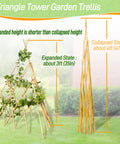 Expandable Bamboo Teepee Trellis for Climbing Plants shown in expanded and collapsed states with height details.
