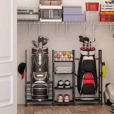 Garage Golf Bag Organizer Stand With Basket And Hooks Dual Mode Storage Rack for Two Golf Bags in garage setting